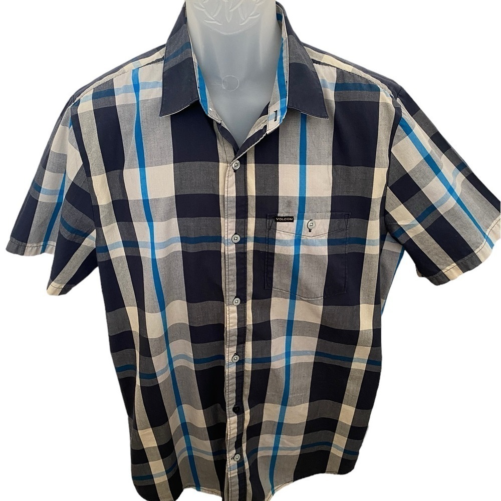VOLCOM Stone Skate Blue & Gray Plaid Short Sleeve Collared Shirt Men L Large